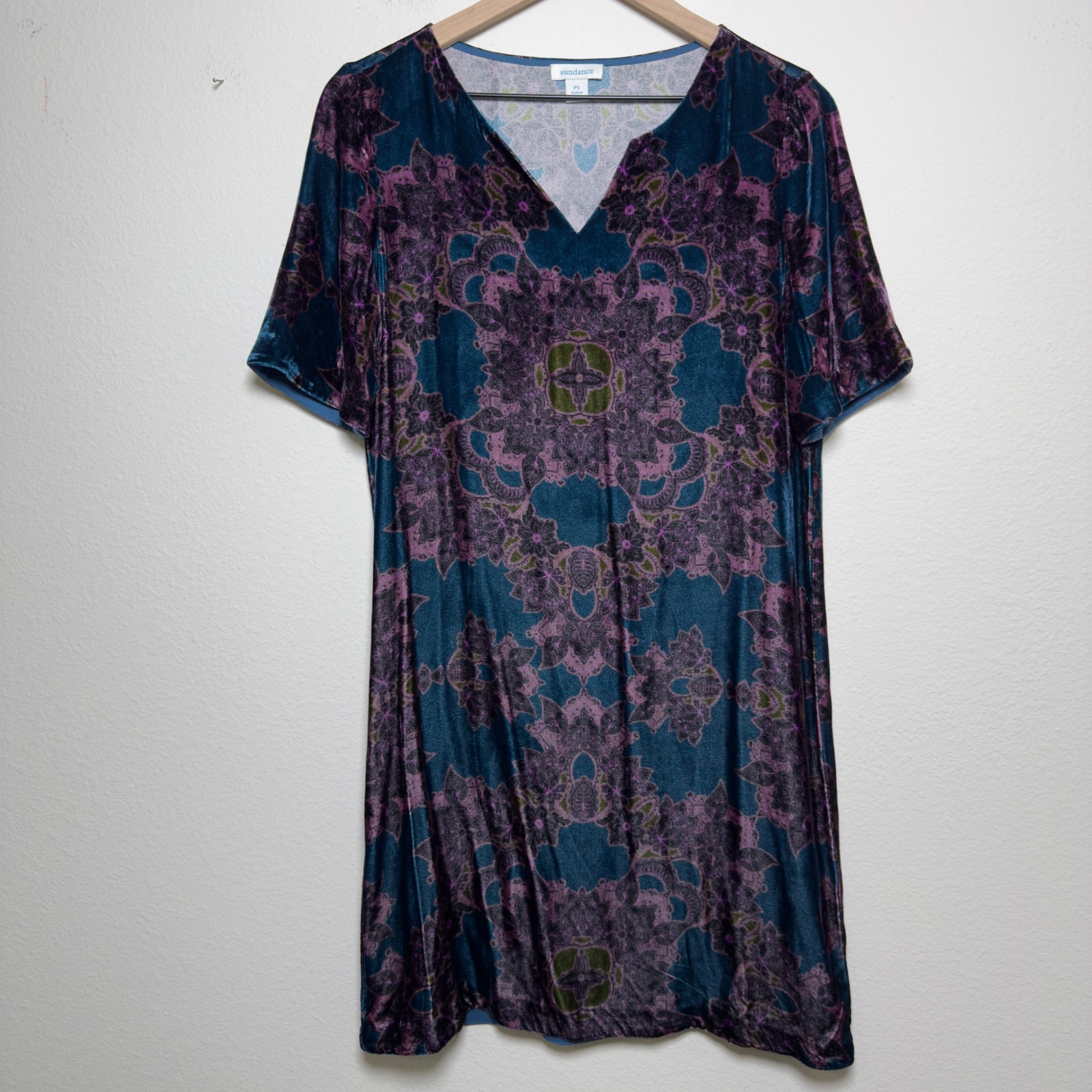 Sundance Women Silk Velvet Nomi Shift Dress Small P Teal Purple Floral Medallion